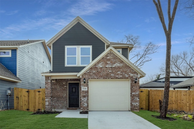 view of front of home featuring driveway, brick siding, an attached garage, fence, and a front yard
