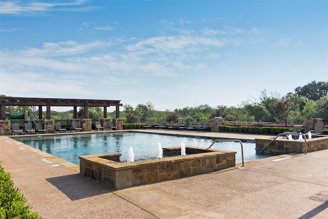 view of swimming pool featuring fence and a patio area