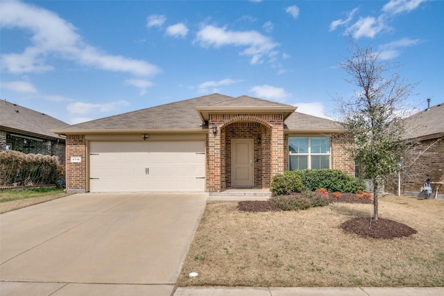 ranch-style house with driveway, brick siding, an attached garage, and a shingled roof