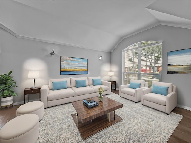 living area with lofted ceiling, baseboards, and wood finished floors