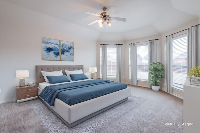 13356 Four Willows Dr, Frisco, TX 75035 - bedroom with ceiling fan, vaulted ceiling, baseboards, and light colored carpet