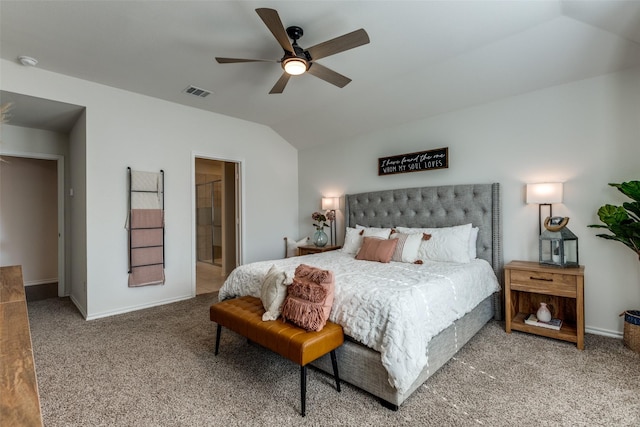 bedroom with vaulted ceiling, carpet, visible vents, and baseboards