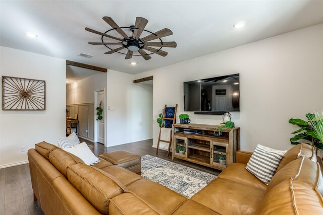 living room with recessed lighting, visible vents, ceiling fan, and wood finished floors