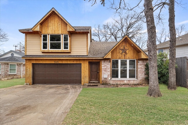 view of front of property featuring brick siding, an attached garage, fence, driveway, and a front lawn