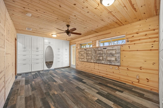 unfurnished bedroom with wooden ceiling, wood walls, visible vents, and dark wood finished floors