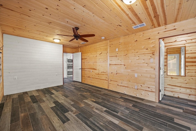 spare room featuring visible vents, a ceiling fan, dark wood-style floors, wood ceiling, and wood walls