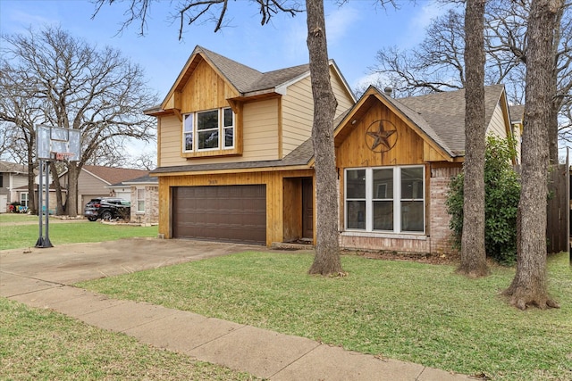 view of front of property with a garage, concrete driveway, a front lawn, and a shingled roof