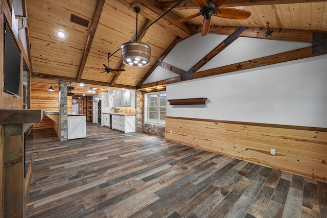 kitchen featuring dark wood-style floors, wooden ceiling, white cabinets, and visible vents