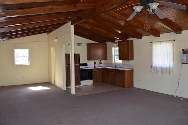 kitchen with electric range oven, wooden ceiling, light countertops, ceiling fan, and vaulted ceiling with beams