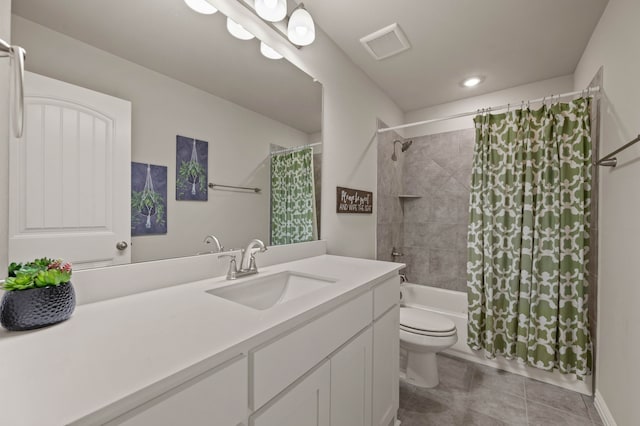 bathroom featuring visible vents, shower / bathtub combination with curtain, toilet, vanity, and tile patterned floors