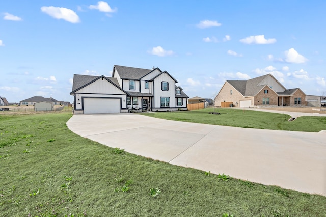 view of front facade with board and batten siding, a garage, driveway, and a front lawn