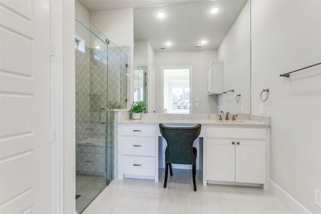 full bath with visible vents, a stall shower, recessed lighting, tile patterned flooring, and vanity