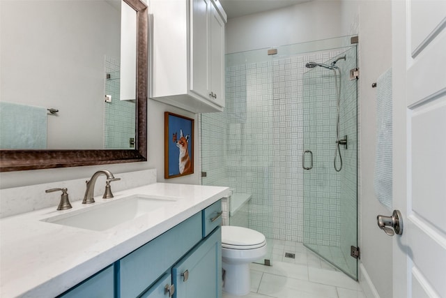 full bathroom featuring tile patterned flooring, a shower stall, toilet, and vanity