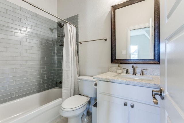 bathroom featuring vanity, shower / bath combination with curtain, and toilet