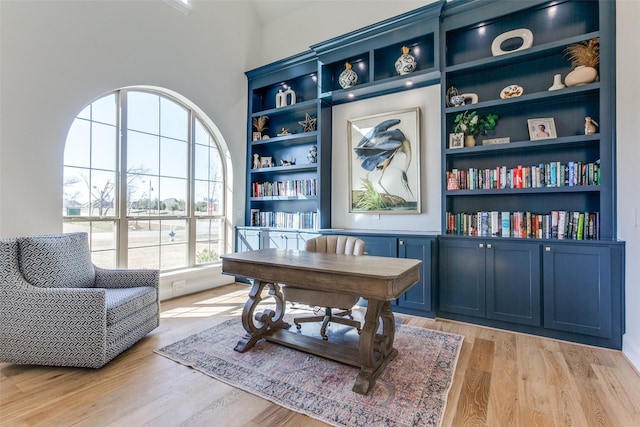 office area with built in features and light wood finished floors