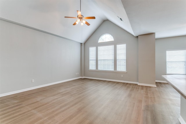 unfurnished living room with light wood finished floors, visible vents, baseboards, ceiling fan, and high vaulted ceiling