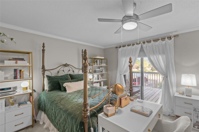 bedroom with ornamental molding, a ceiling fan, and access to exterior