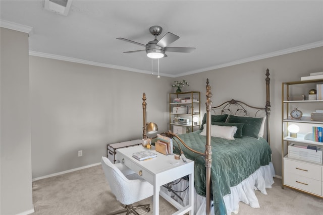 bedroom with baseboards, visible vents, ornamental molding, and light colored carpet