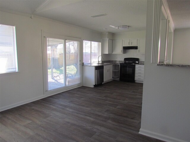 kitchen with dishwasher, dark wood-type flooring, black electric range oven, under cabinet range hood, and white cabinetry