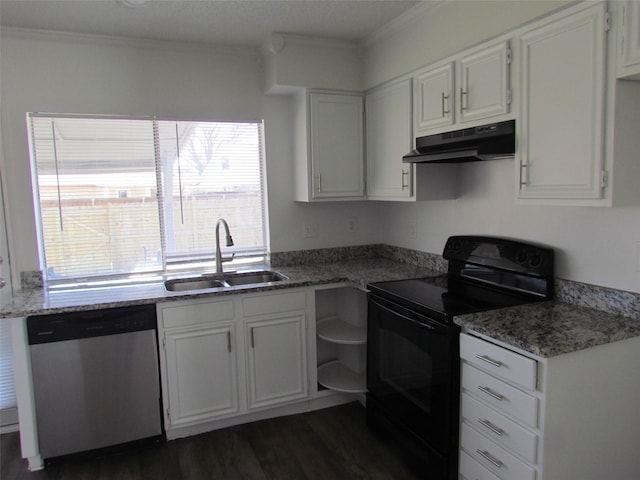 kitchen with electric range, ornamental molding, stainless steel dishwasher, under cabinet range hood, and a sink