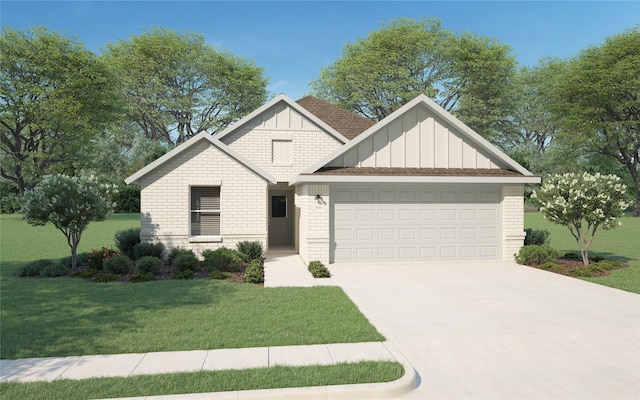 craftsman-style home featuring brick siding, concrete driveway, an attached garage, board and batten siding, and a front lawn