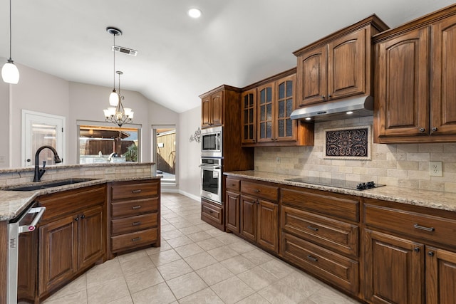 kitchen with visible vents, appliances with stainless steel finishes, vaulted ceiling, a sink, and under cabinet range hood