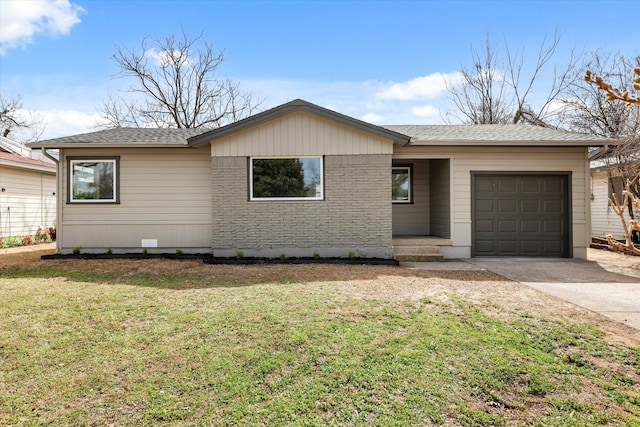 ranch-style house featuring concrete driveway, an attached garage, a front yard, and a shingled roof