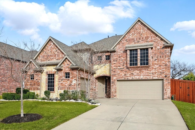 view of front facade featuring a garage, brick siding, driveway, stone siding, and a front yard