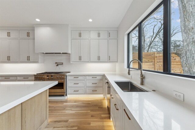 kitchen with light wood-style flooring, appliances with stainless steel finishes, custom exhaust hood, light countertops, and a sink