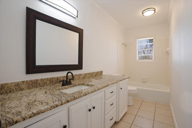 full bath with crown molding, shower / bathtub combination, toilet, vanity, and tile patterned flooring