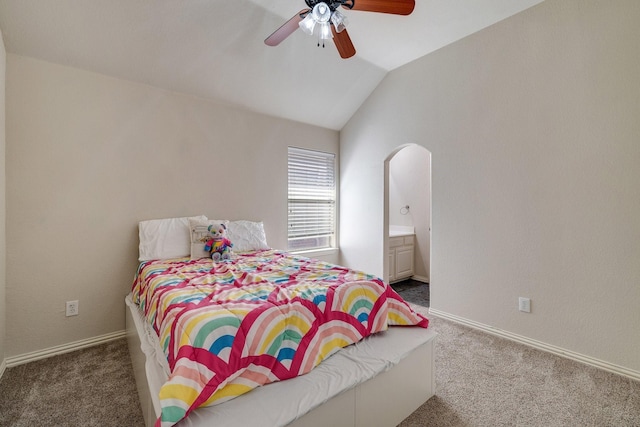 bedroom featuring vaulted ceiling, ceiling fan, carpet flooring, and baseboards