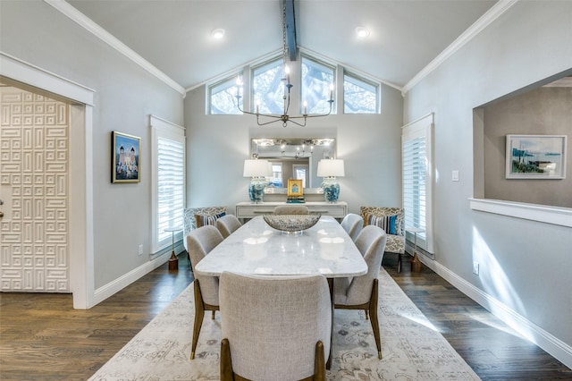 dining space featuring dark wood-style flooring, crown molding, and baseboards