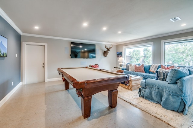 recreation room with recessed lighting, billiards, visible vents, and baseboards