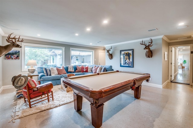 rec room with concrete flooring, recessed lighting, visible vents, baseboards, and crown molding