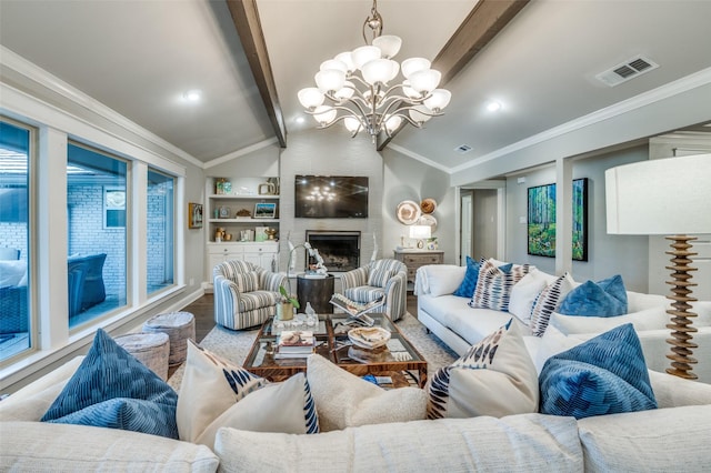 living area with crown molding, a fireplace, visible vents, lofted ceiling with beams, and wood finished floors