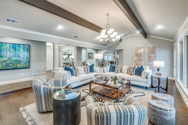 living area with vaulted ceiling with beams, an inviting chandelier, visible vents, and wood finished floors