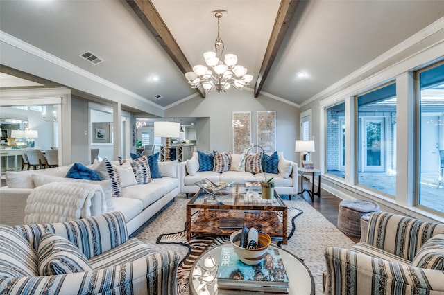 living area with lofted ceiling with beams, an inviting chandelier, visible vents, and ornamental molding