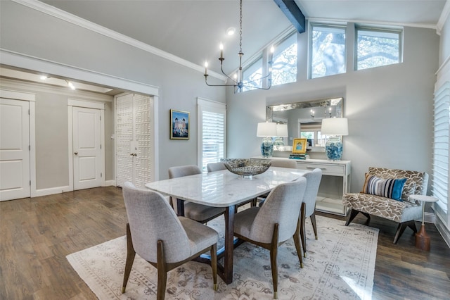 dining room with high vaulted ceiling, wood finished floors, baseboards, beam ceiling, and crown molding