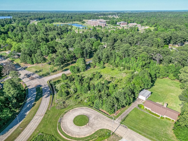 drone / aerial view featuring a water view and a view of trees