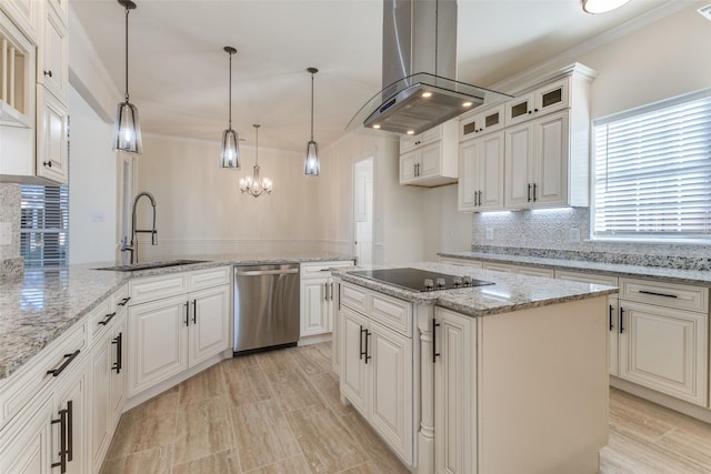 kitchen with crown molding, island exhaust hood, a sink, dishwasher, and black electric cooktop