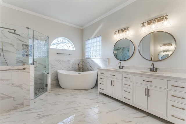 full bathroom with crown molding, marble finish floor, a sink, and a marble finish shower