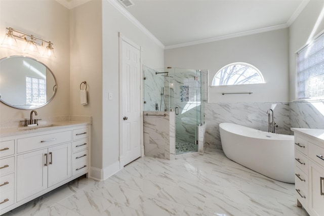 full bathroom featuring marble finish floor, a marble finish shower, ornamental molding, and vanity