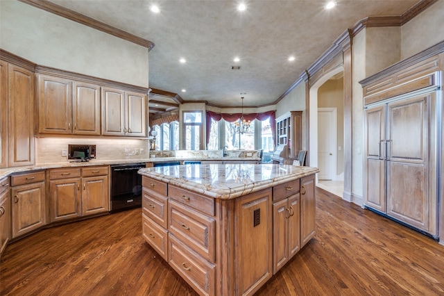 kitchen featuring light stone countertops, dishwasher, paneled built in fridge, a peninsula, and arched walkways