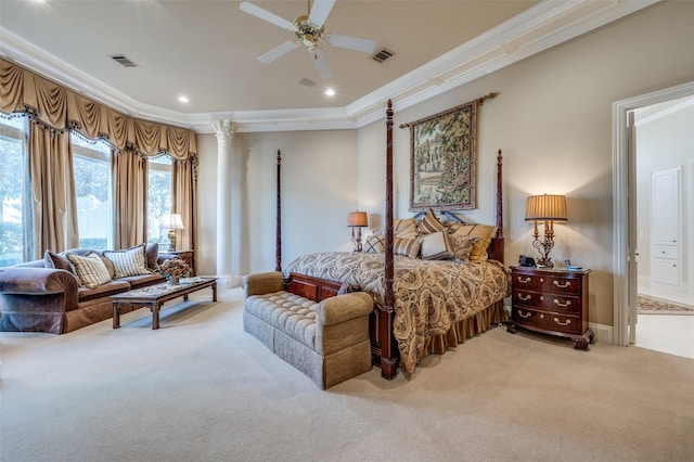 bedroom featuring recessed lighting, visible vents, light colored carpet, and ornamental molding