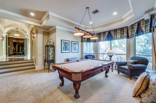 rec room featuring visible vents, carpet floors, a tray ceiling, ornamental molding, and pool table