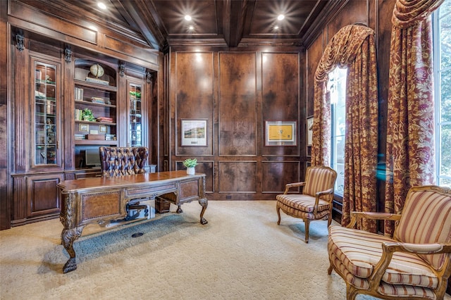 home office with beamed ceiling, recessed lighting, carpet, and ornamental molding