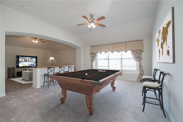 recreation room featuring ceiling fan, carpet floors, pool table, and baseboards