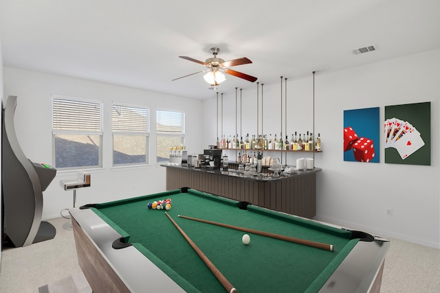 1536 Wolfberry Ln, Northlake, TX 76226 - rec room with pool table, carpet, a bar, a ceiling fan, and baseboards