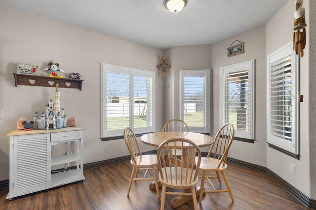 dining space featuring dark wood finished floors and baseboards