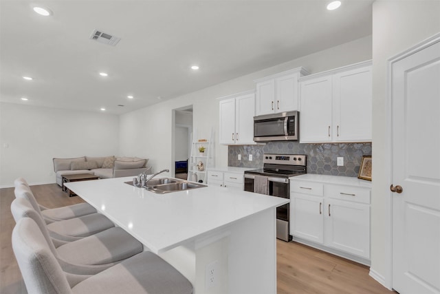 kitchen with a sink, visible vents, appliances with stainless steel finishes, tasteful backsplash, and a center island with sink